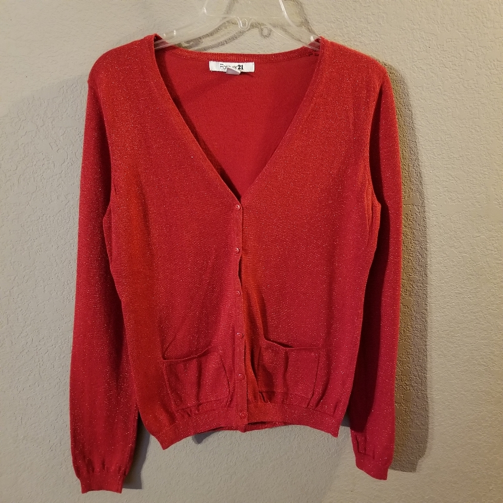 Forever 21 Womens Red Sparkly Long Sleeve Sweater Cardigan M